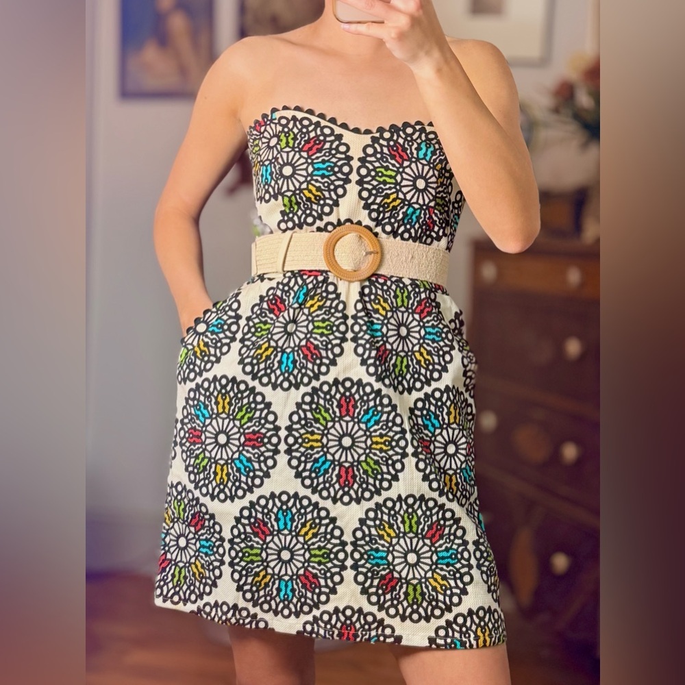 Strapless Patterned Dress with Belt